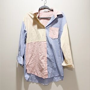 SNDYS. Women's Colorblock Coastal Button Down Shirt - Blue, Pink, Cream Tunic